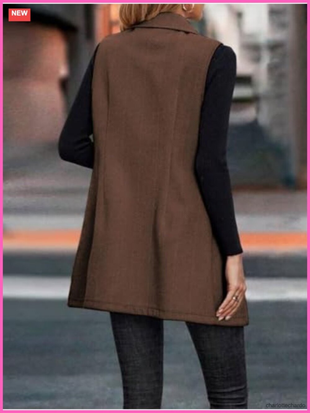 Women's Sleeveless Tweed Vest Blazer Long Cardigan Outerwear Notch Lapel Double - Picture 3 of 3